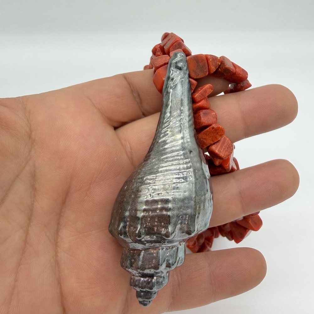 Vtg Israel Sterling Silver Seashell Coral Necklace Statement Pendant